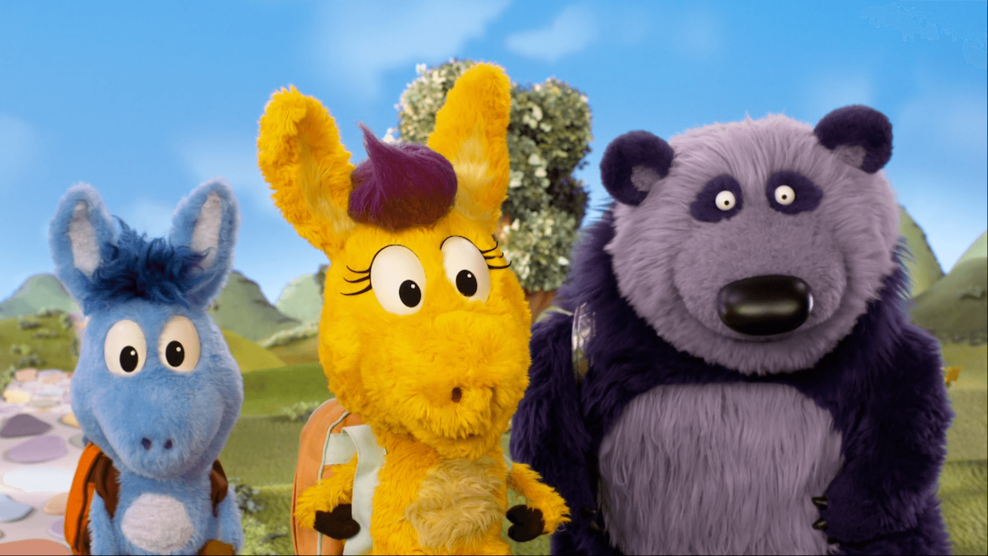 Donkey Hodie, Cousin Hodie, and Purple Panda visit new sights around Someplace Else.